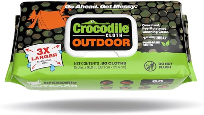 Crocodile Cloth Outdoor Cleaning Wipes – 8 Packs/640 Total Count Plant-Based Cloths (15"x10"), Skin Safe, Pre-Moistened, Aloe & Vitamin E Infused, Large, Absorbent, Multi-Surface Disposable Wipes