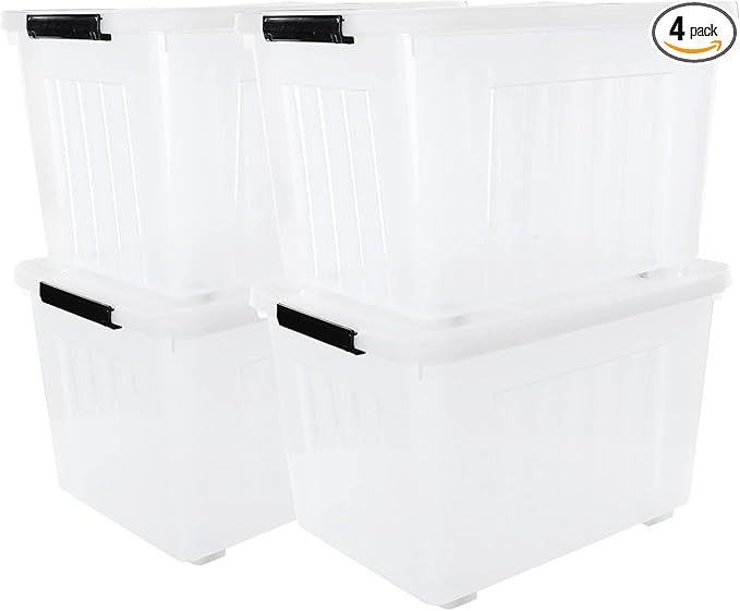 Cand 4 Packs 70 Quart Plastic Storage Box with Wheels, Large Lidded Storage Bins, Clear