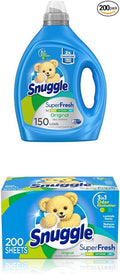Snuggle Liquid Fabric Softener, SuperFresh Original, 150 Loads(Packaging May Vary)+ Snuggle Plus SuperFresh Fabric Softener Dryer Sheets with Static Control and Odor Eliminating Technology, 200 Count