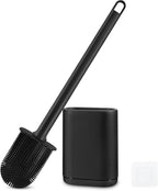 Silicone Toilet Brush and Holder Bendable Efficient Cleaning Wall Mounted Toilet Bowl Brush with Long Handle Brush Head and Silicone Bristles No Rusty Handles Problem (Black)