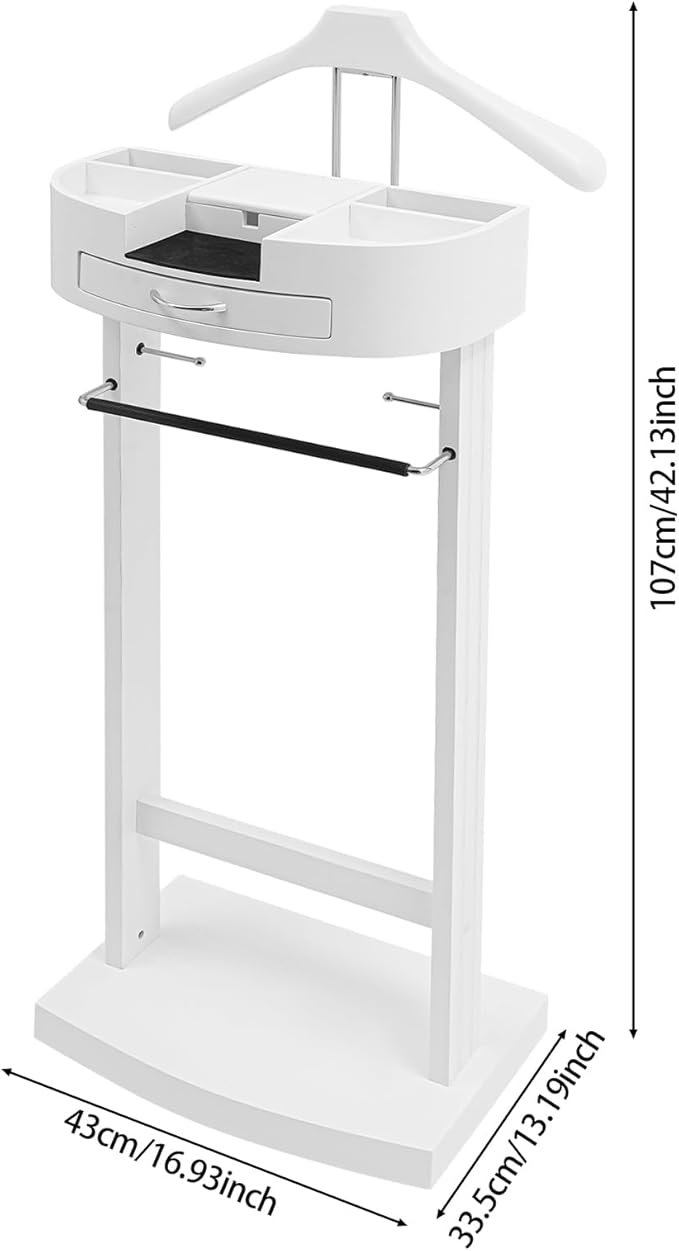 Suit Valet Stand, Standing Wooden Clothes Stand, Clothes Organizer Hanger Rack for Suit Coat Jacket Shirt for Home Bedroom Entryway Hotel Boutique, 66lbs Load Capacity(White)