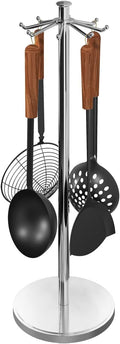 Kitchen Countertop Utensil Holder, Stainless Steel Rotatable Cooking Utensils Holder with 8 Rotating Hooks, Hanging Organizer for Spoon, Spatula, Soup Ladle, Spaghetti Server, Skimmer, Chrome