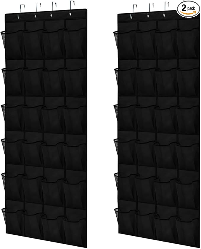 GORILLA GRIP Over the Door Shoe Organizer, 2 Pack, 24 Breathable Mesh Pockets, Space Saving Hanging Storage Holder, Closet Rack Hanger Holds Up to 40 lbs, Hangs on Closets, Shoes, Accessories, Black