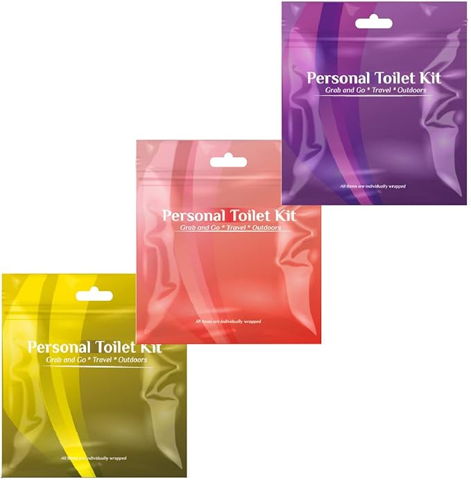 pH Advantage 3 x Personal Toilet Kit | Public Restroom Kit | Toilet Paper, Toilet Seat Cover, Butt Wipes, Cleansing Wipes (Gold/Red/Purple)
