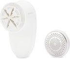 Amazon Basics Battery Operated Fabric Shaver for Clothes, Remove Pilling, Lint and Fuzz Removal, 6-Leaf Blades with Safety Lock, Portable, Includes 2 Spare Blades, White