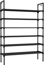 LANTEFUL 6 Tier Shoe Rack for Closet Shoe Organizer with 5 Hooks, Long Shoe Shelf Storage for Shoe and Boot Stackable Free Standing Shoe Rack for Entryway, Garage, Small Spaces, Dorm, Black