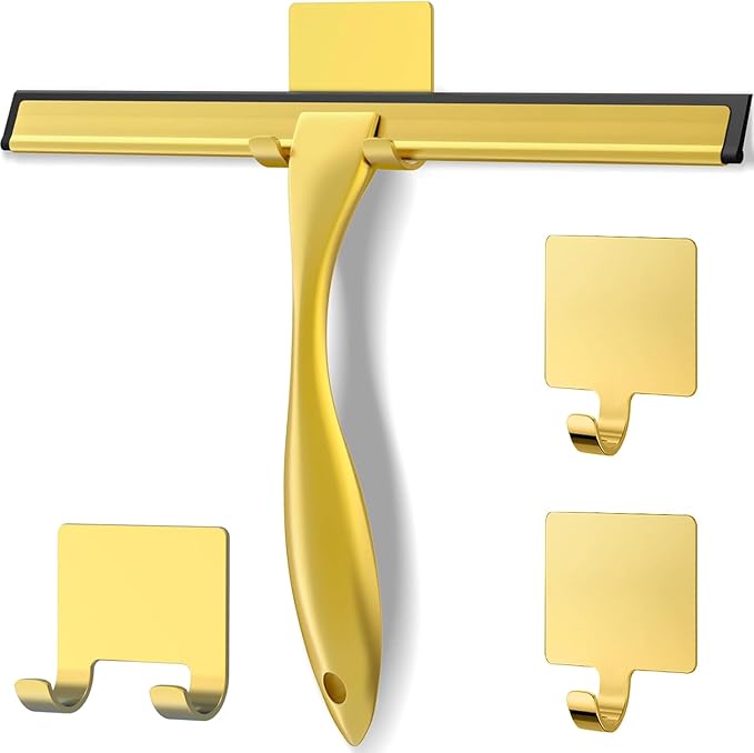 Stainless Steel Shower Squeegee for Glass Door with 3 Adhesive Hook, Glass Cleaning Squeegee for Bathroom & Household Window, Mirrors, Tiles and Car, Clear 10 Inches Golden