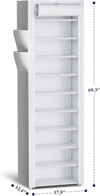 Kitsure Shoe Rack - 10-Tier Large Capacity Shoe Organizer Shelf with Dust Cover & Side Pockets, Rust-Proof Metal Shoe Rack for Closet, Entrance, Living Room, 17.5" x 12.4" x 69.3", White