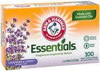 Arm & Hammer Essentials Fabric Softener Sheets, Lavender & Linen, Made with Essential Oils, Softens Clothes, Stops Static, 5.5x9 inches, 100 Count (Pack of 2)