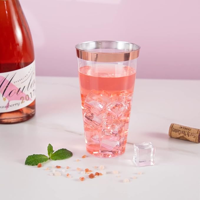 LIYH 100 Pcs Rose Gold Plastic Cups 16 oz - Clear Plastic Tumblers Rose Gold Rimmed Cups Fancy Disposable Wedding Cup Elegant Party Drinking Cup 480ml