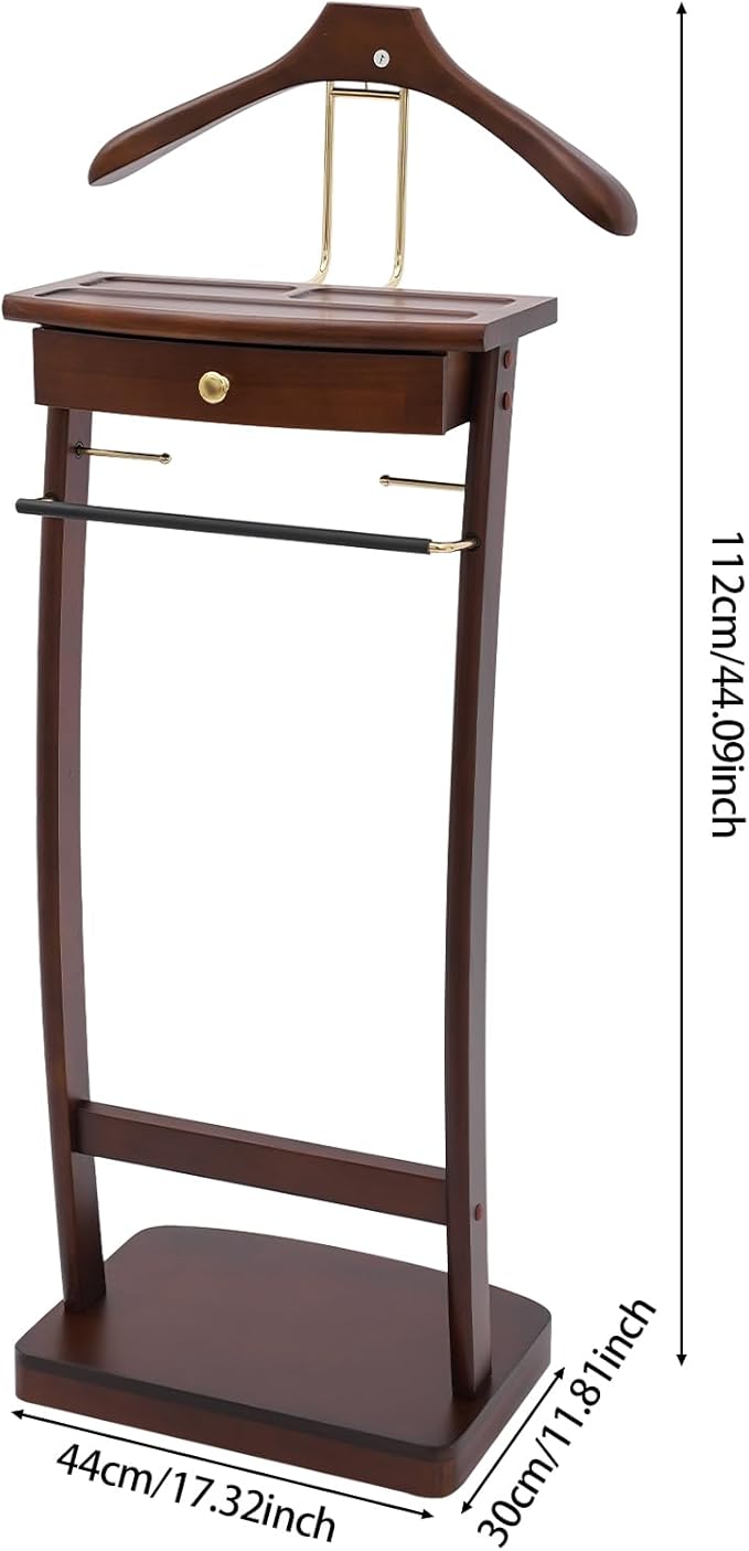 Valet Stand with Drawer and Top Tray, Wood Mens Suit Valet Stand with Wood Base, Freestanding Clothes Valet Stand with Hanger, Storage Organizer for Entryway Office Living Room (A, Walnut Color)
