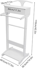 Valet Stand for Man and Women, Wood Suit Rack Suit Valet Stand with Top Tray, Storage Drawer, Bottom Shoe Rack, Freestanding Clothes Rack for Living Room, Entryway, Bedroom, Office, Black (White)