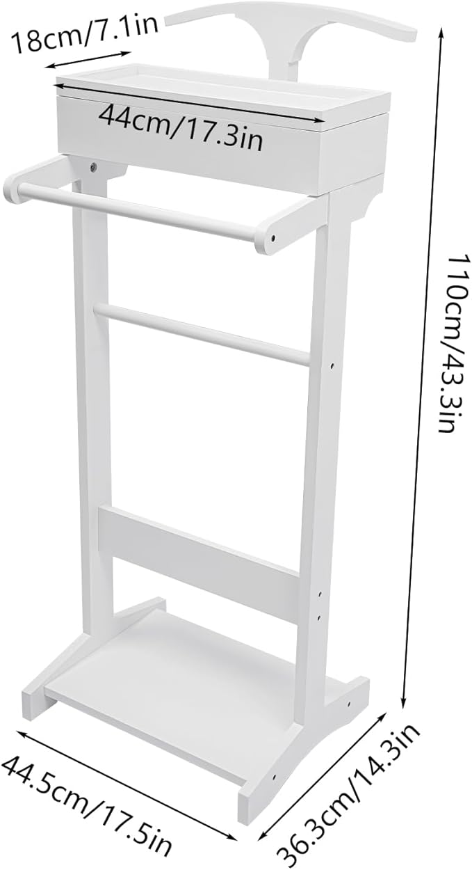 Valet Stand with Drawer and Top Tray, Wood Mens Suit Valet Stand with Wood Base, Freestanding Clothes Valet Stand with Hanger, Storage Organizer for Entryway Office Living Room (D, White)