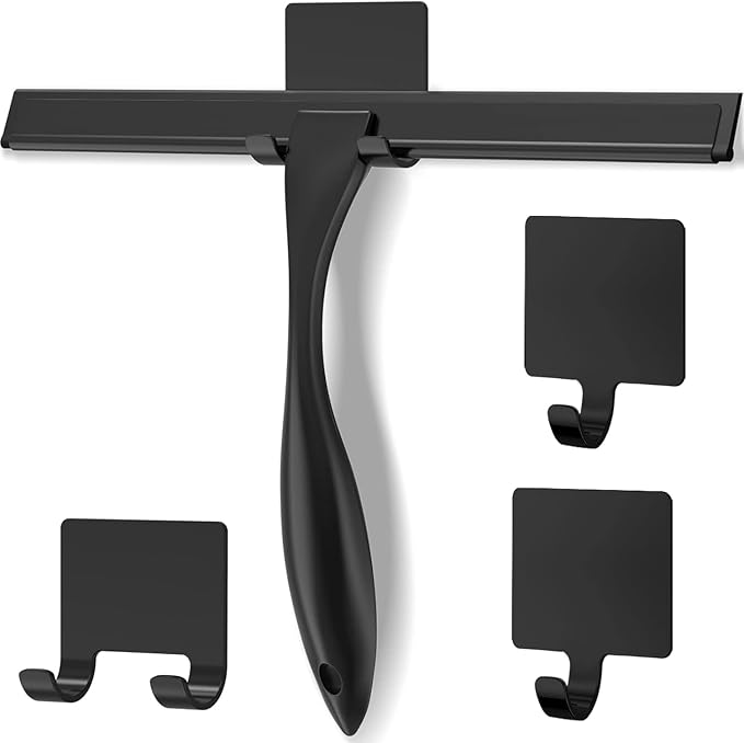 Shower Squeegee for Glass Door with 3 Adhesive Hook, Household Window & Stainless Steel Glass Cleaning Squeegee for Bathroom, Mirrors, Tiles and Car, 10 Inches, Clear, Black