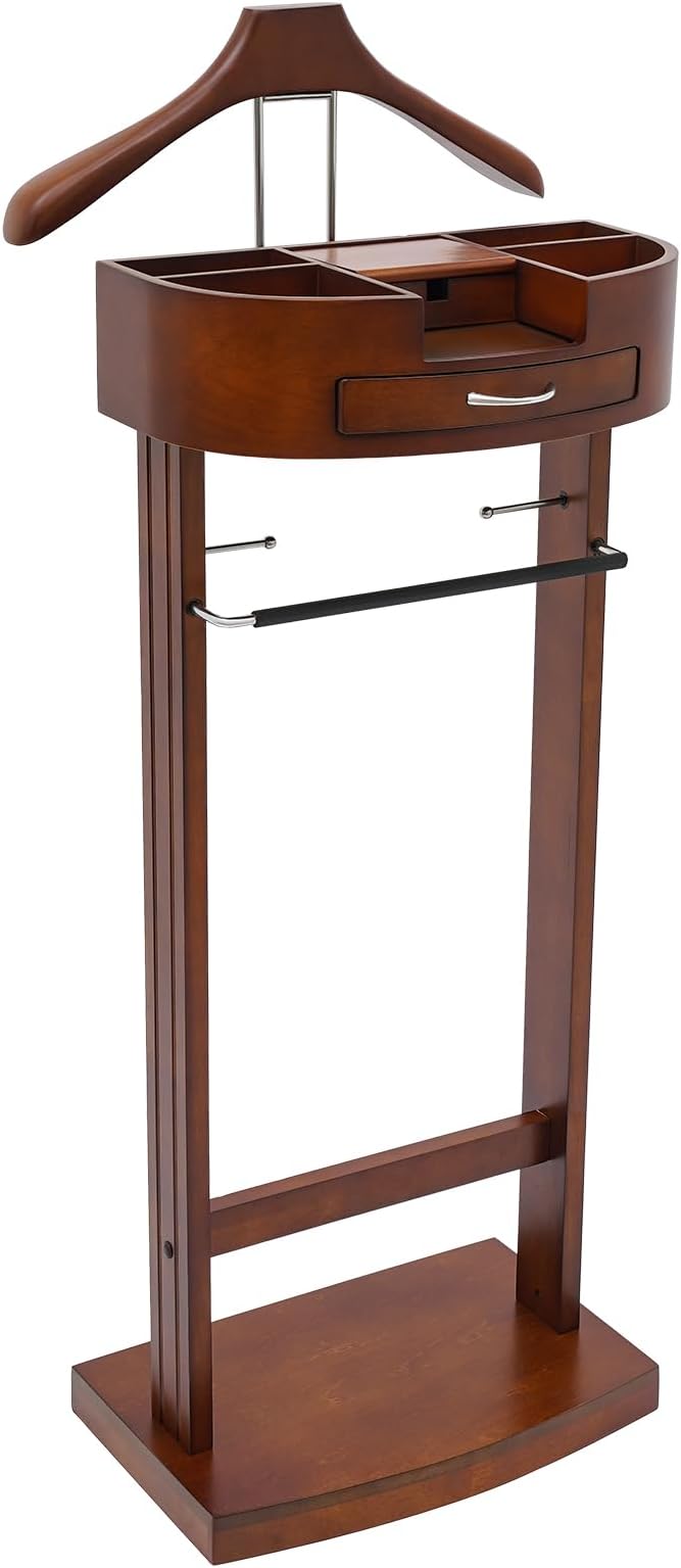 Valet Stand for Man and Women, Wood Suit Rack Suit Valet Stand with Top Tray, Storage Drawer, Bottom Shoe Rack, Freestanding Clothes Rack for Living Room, Entryway, Bedroom, Office, Black (Brown)