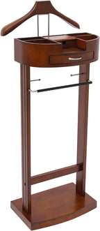 Suit Valet Stand Wood Valet Stand for Man, Wooden Clothing Valet Stand with Contour Hanger, Tray, Trouser Bar, Tie Bar and Base, Mens Valet Stand for Entryway Office Living Room (Brown)