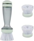 CQT Dish Brush with Soap Dispenser – One-Press Suds, Built-in Scrubbing Pad, Non-Slip Handle for Pots, Pans & Non-Stick Cookware – Includes 2 Refill Heads