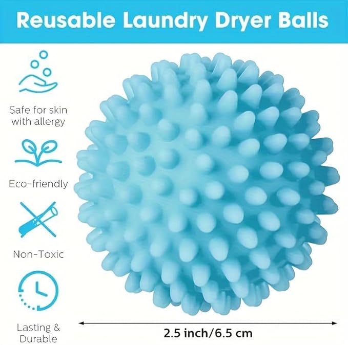 Reusable Laundry Dryer Balls, Plastic Anti-Static Fabric Softener, Reduces Wrinkles, Sustainable Cleaning Supplies, Essential Washing & Drying Aid for Soft, 6 Pack, 2.36 in (Sky Blue/Purple)