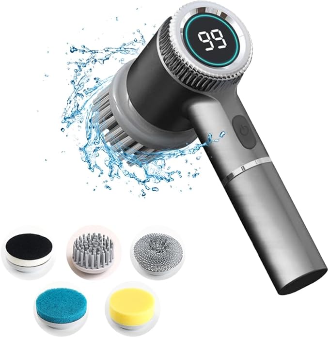 DONGKER Electric Spin Scrubber,3 Speeds Adjustment Handheld Electric Scrubber with 5 Replaceable Brush Heads for Floor Tub Tile Kitchen Car