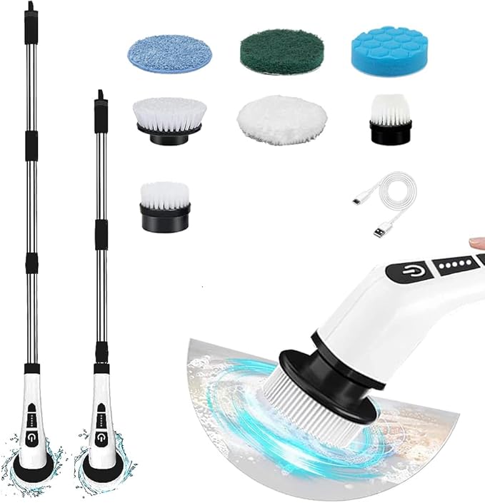 NEWONE Electric Spin Scrubber, Cordless Cleaning Brush with 7 Replaceable Brush Heads, 2 Adjustable Speeds, White