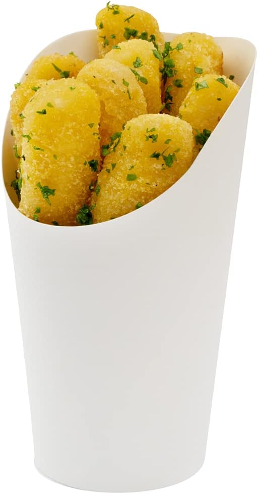 Restaurantware Bio Tek 16 Ounce French Fry Containers 100 Disposable Charcuterie Cups - Incline Design Round White Paper French Fry Cups Stackable For Waffles Chips or Popcorn