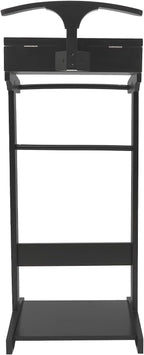 TFCFL Wooden Suit Rack with Drawer & Trouser Holder, Multi-functional Coat Stand for Hats/Scarves/Belts, Space-Saving Standing Suit Valet Stand for Home/Office, 22lbs Load Capacity (Black)