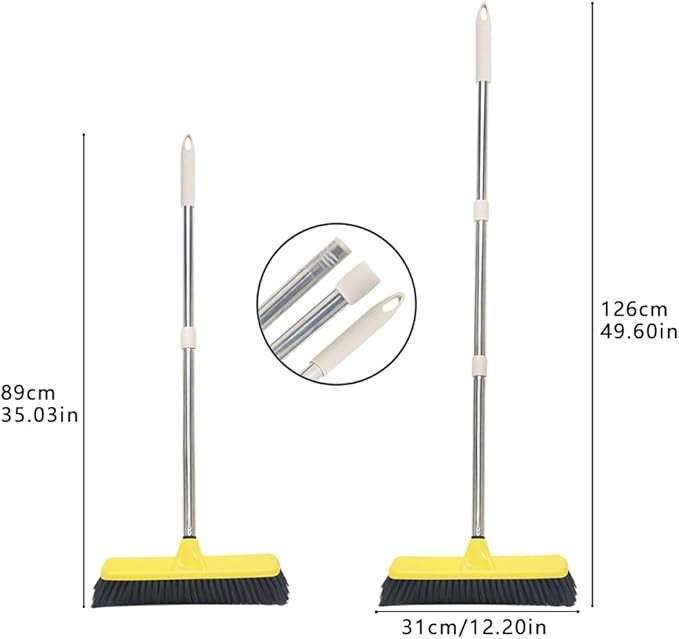 Push Broom with Long Handle, Floor Brush 49.6 inch Soft Bristle Broom 12.2" Wide for Cleaning Bathroom Kitchen Patio Garage Deck Tile Floor