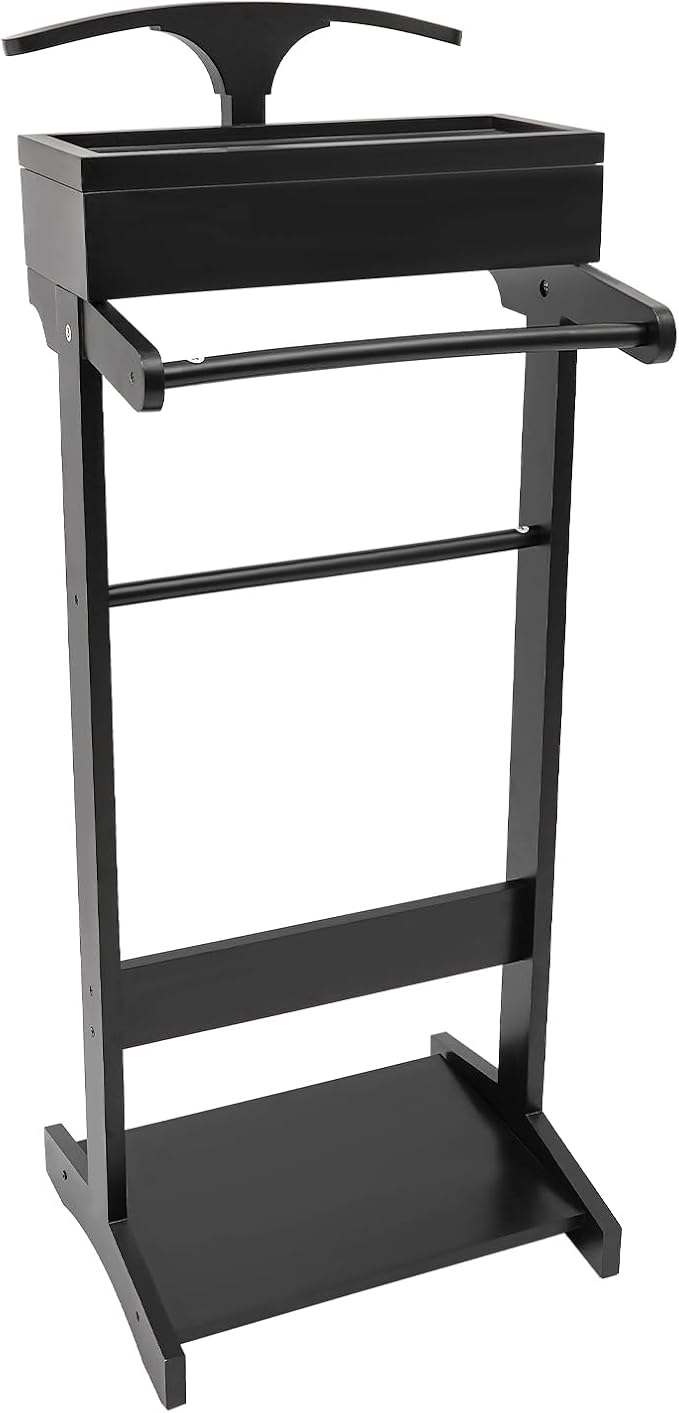 Valet Stand with Drawer and Top Tray, Wood Mens Suit Valet Stand with Wood Base, Freestanding Clothes Valet Stand with Hanger, Storage Organizer for Entryway Office Living Room (D, Black)