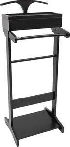 Valet Stand for Man and Women, Wood Suit Rack Suit Valet Stand with Top Tray, Storage Drawer, Bottom Shoe Rack, Freestanding Clothes Rack for Living Room, Entryway, Bedroom, Office, Black (Black)