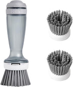 CQT Dish Brush with Soap Dispenser – One-Press Suds, Built-in Scrubbing Pad, Non-Slip Handle for Pots, Pans & Non-Stick Cookware – Includes 2 Refill Heads