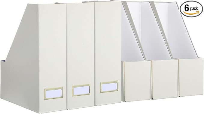 Gueevin Set of 6 Magazine File Holder Stylish Sturdy Cardboard File Boxes Desk Magazine Organizer Rack with Gold Label Holder to Organize Your Desk or Shelves for Home Classroom Office Library(Beige)