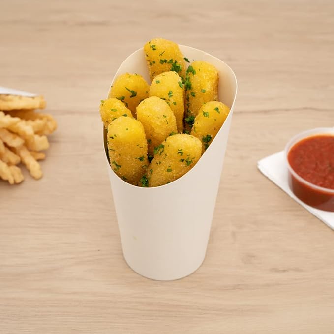 Restaurantware Bio Tek 16 Ounce French Fry Containers 100 Disposable Charcuterie Cups - Incline Design Round White Paper French Fry Cups Stackable For Waffles Chips or Popcorn