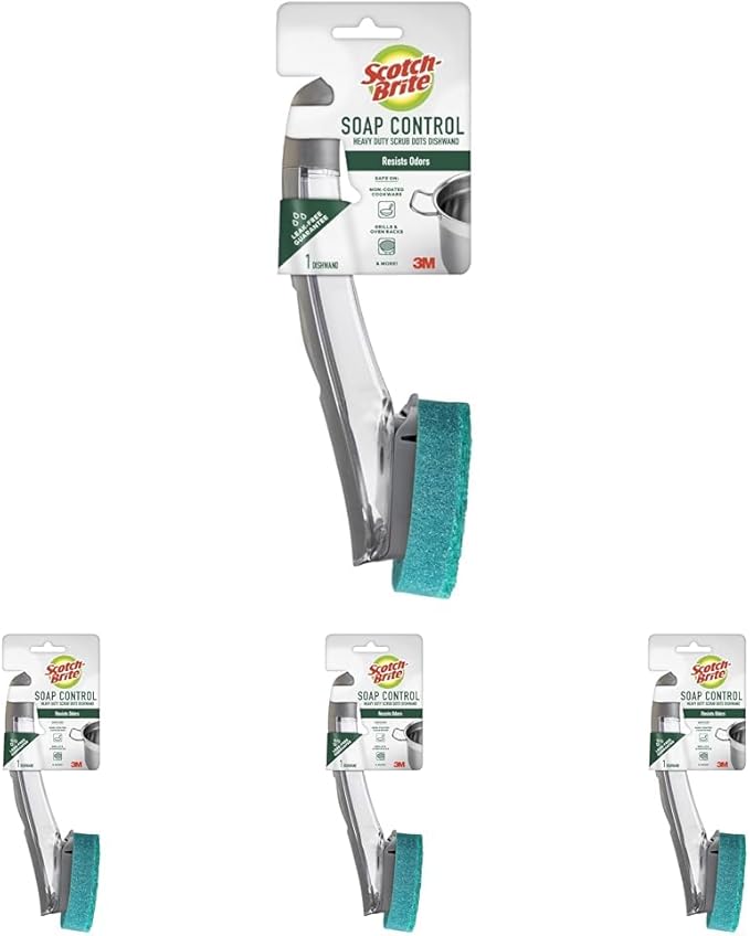 Scotch-Brite Advanced Soap Control Heavy Duty Dishwand,1Dish Wand,Prevents Soap from Leaking,Leak-Free Guarantee,Best for Cast Iron Skillets & Grill Grates,Fits All Scotch Brite Refills(Pack of 4)