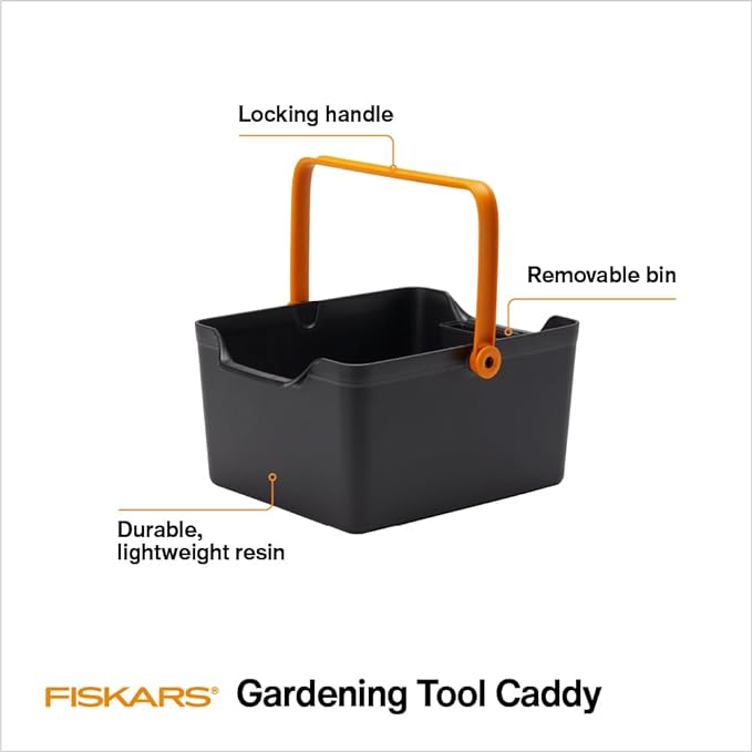 Fiskars Garden Tool Caddy, Portable Storage Organizer with Removable Bin for Snips & Pruners, Durable Recycled Resin Carrier for Indoor & Outdoor Gardening, Locking Handle & Wall Mount