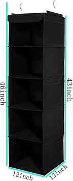 BrilliantJo 2 Pack Hanging Closet Organizer, 5 Shelves Hanging Storage with 6 Side Pockets for Clothes Shoes, 43"x12"x12"(Black)