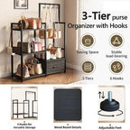 Industrial 4-Tier Storage Shelf with Drawer & Hanging Hooks - Metal & Wood Entryway Organizer Rack for Bedroom, Living Room - Freestanding Clothing Coat Rack with Multi-Level Shelves (Black)