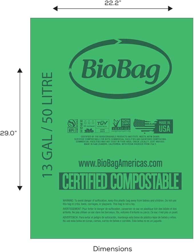 13 Gallon Tall Kitchen Compostable Trash Bags by BioBag, 48 Count, BPI Certified, Meets ASTM D6400 Standards, Made in USA, Food Scrap Bin Liners
