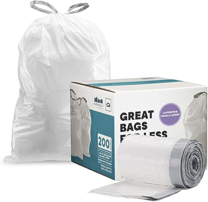 Plasticplace White Drawstring Lavender and Soft Vanilla Scented Garbage Can Liners │ Compatible with Code Q (200 Count) │ 13-17 Gallon │ 25.25" x 32.75"