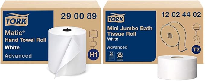 Tork Matic Paper Hand Towel Roll White H1 (6 Rolls) and Tork Mini Jumbo Toilet Paper Roll White T2 (12 Rolls)