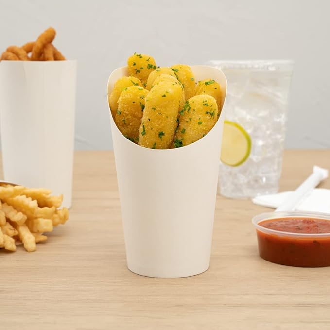 Restaurantware Bio Tek 16 Ounce French Fry Containers 100 Disposable Charcuterie Cups - Incline Design Round White Paper French Fry Cups Stackable For Waffles Chips or Popcorn