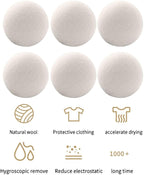 Laundry Wool Dryer Balls, 6 Pack Natural Fabric Softener, Reusable Laundry Balls for Dryer, Reduces Clothing Wrinkles and Saves Drying Time for Washing Machine Accessories