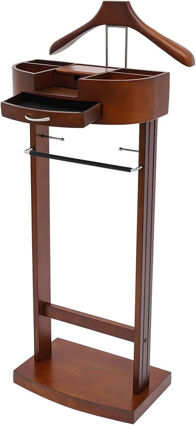 Suit Valet Stand Wood Valet Stand for Man, Wooden Clothing Valet Stand with Contour Hanger, Tray, Trouser Bar, Tie Bar and Base, Mens Valet Stand for Entryway Office Living Room (Brown)
