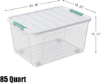 4-Pack Clear Plastic Storage Box with Wheels, 85 Quart Large Plastic Storage Bins with Latch Lids