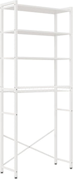 4-Tier Over-the-Toilet Storage Rack with One-Piece Wooden Shelves & Open Net Basket, Bathroom Organizer with Adjustable Feet & Anti-Tip Kit, Space-Saving Toilet Shelf, White, 24.4" x 9.4" x 69.3"