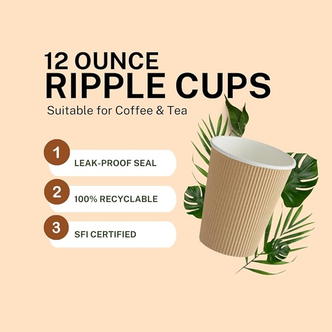 Ripple Paper Cups 12 oz 200 Pack for Coffee & Tea Made in USA | Bulk 200 Count for Home, Office, Restaurants & Coffee Shops | Recyclable, Insulated, & Disposable 12 Ounce To-Go Cups for Hot Beverages