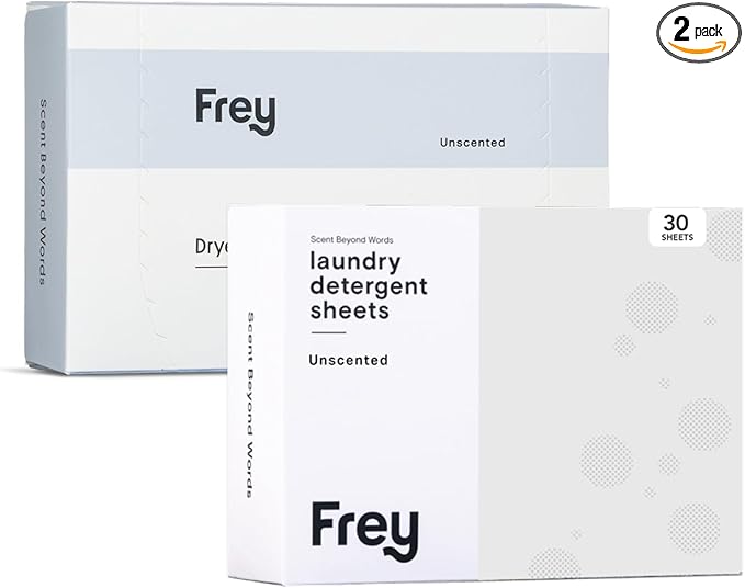 FREY Laundry Detergent & Dryer Sheets Bundle | 60 Count | Plastic Free | Liquidless Full Wash Solution | Soft Fresh Clothes (Fragrance-Free)