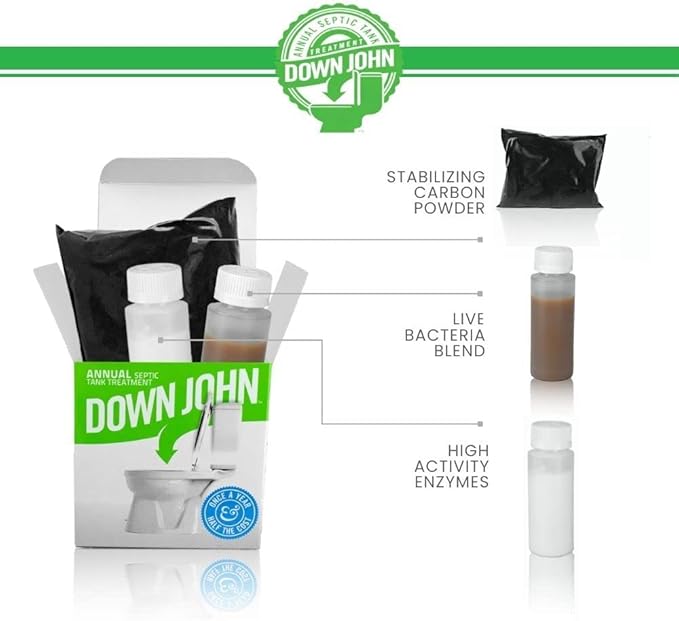 Down John (Once-A-Year) Septic Tank Treatment | 1 Year Supply | 3-Part Concentrate Live Bacteria, Carbon & Enzyme Treatment | Odor Neutralizer | Cleans Septic Lines & Improves Drain Field Absorption