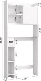 Over The Toilet Storage Cabinet with Sliding Door, 31.5" W Over Toilet Bathroom Organizer with Adjustable Shelves & Toilet Paper Holder, Space Saver Cabinet for Bathroom, White