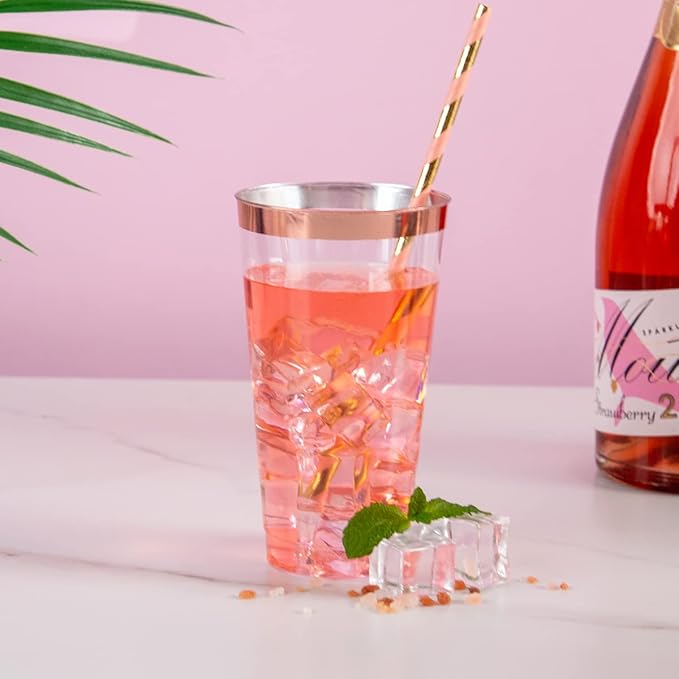LIYH 100 Pcs Rose Gold Plastic Cups 16 oz - Clear Plastic Tumblers Rose Gold Rimmed Cups Fancy Disposable Wedding Cup Elegant Party Drinking Cup 480ml