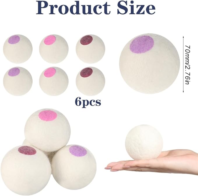 Wool Dryer Balls 6PCS Pure Organic Laundry Wool Tumble Dryer Ball Reusable Natural Fabric Softener Reduce Wrinkles and Drying Time